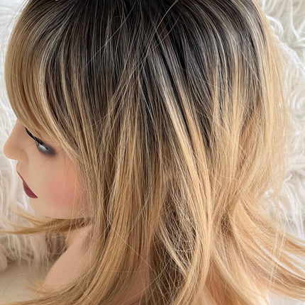 Synthetic hair topper with bangs ombre with dark brown roots clip in