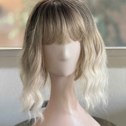Tillstyle  short blonde wig ash brown roots wig loose body wave air bangs