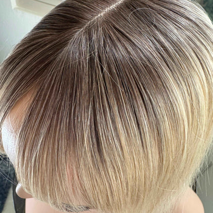 Till style remy human Hair Toppers with bangs bleach blonde/brown roots