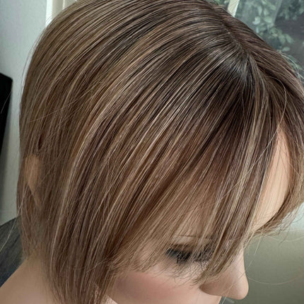 Till style remy human Hair Toppers with bangs brown with dark roots