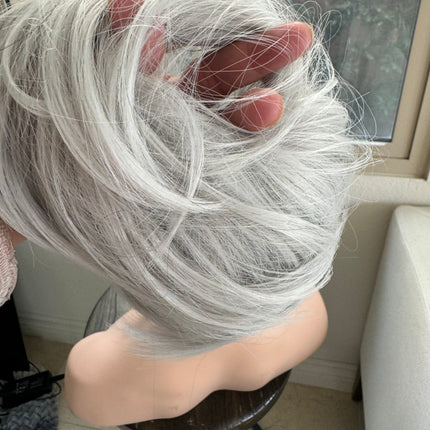 Tillstyle white silver hairbun scrunchie with straight hair bangs tousled updo