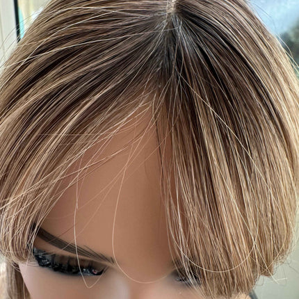 Till style remy human Hair Toppers with bangs brown highlighted