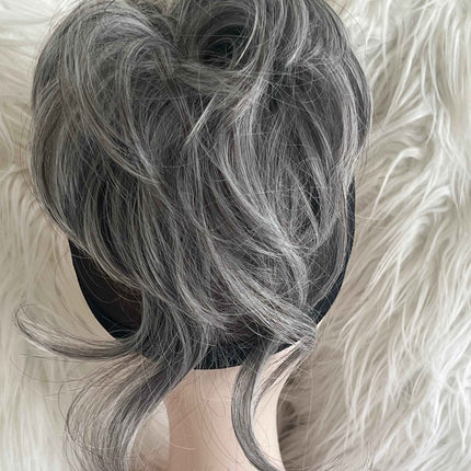 Tillstyle hairbun scrunchie with straight hair bangs hair piece grey with mixed white hair