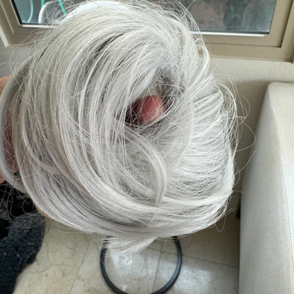 Tillstyle white silver hairbun scrunchie with straight hair bangs tousled updo