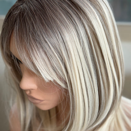 Tillstyle bleach blonde with ombre highlights wig with bangs layered synthetic wig
