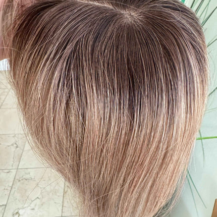 Till style remy human Hair Toppers with bangs ash brown highlighted