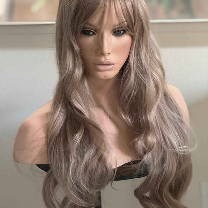 Tillstyle long  body wave wig ash  blonde with highlights wig with bangs layered synthetic
