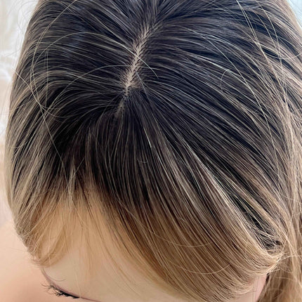 Synthetic hair topper with bangs ombre with dark brown roots clip in