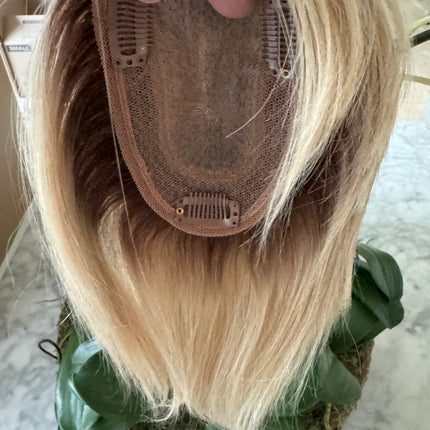 Till style remy human Hair Toppers with bangs blonde ash brown roots