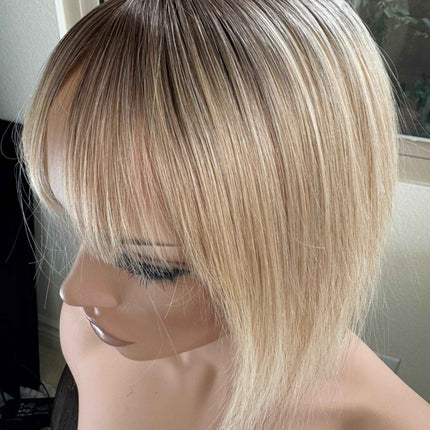 Till style remy human Hair Toppers with bangs bleach blonde/brown roots