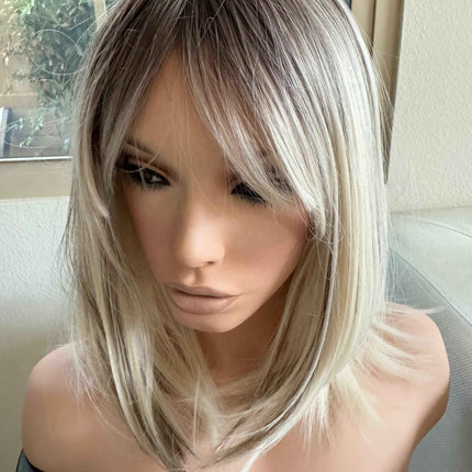 Tillstyle bleach blonde with ombre highlights wig with bangs layered synthetic wig