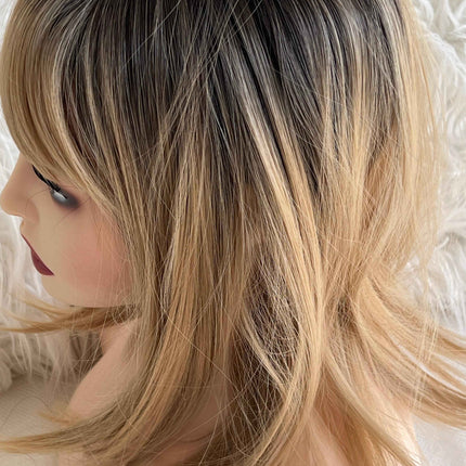 Synthetic hair topper with bangs ombre with dark brown roots clip in