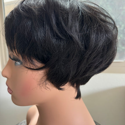 Black Short layered pixie wigs for women human hair wigs with bangs glueless