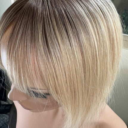 Till style remy human Hair Toppers with bangs bleach blonde/brown roots