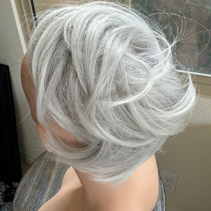 Tillstyle white silver hairbun scrunchie with straight hair bangs tousled updo