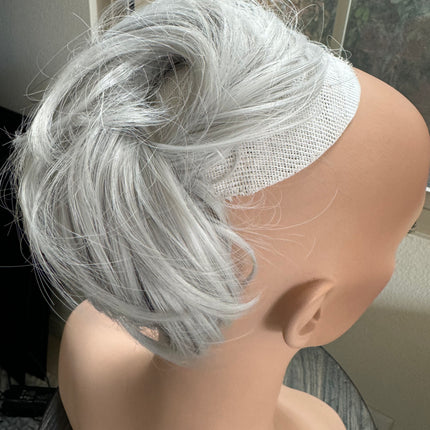 Tillstyle white silver hairbun scrunchie with straight hair bangs tousled updo