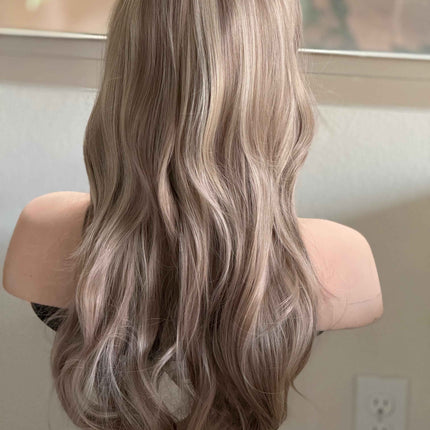 Tillstyle long  body wave wig ash  blonde with highlights wig with bangs layered synthetic