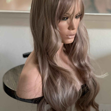 Tillstyle long  body wave wig ash  blonde with highlights wig with bangs layered synthetic