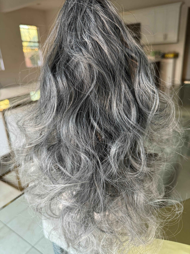 Tillstyle  grey salt and pepper clip in ponytail clip in pony tail with creamy ends