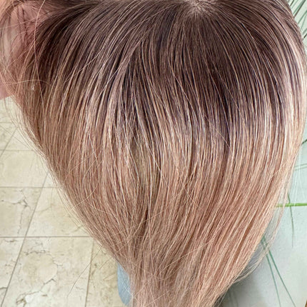 Till style remy human Hair Toppers with bangs ash brown highlighted