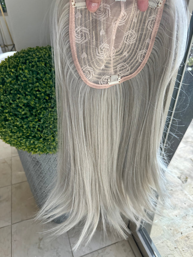 Till style white silver grey hair toppers for women  with butterfly bangs