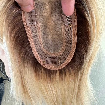 Till style remy human Hair Toppers with bangs bleach blonde/brown roots