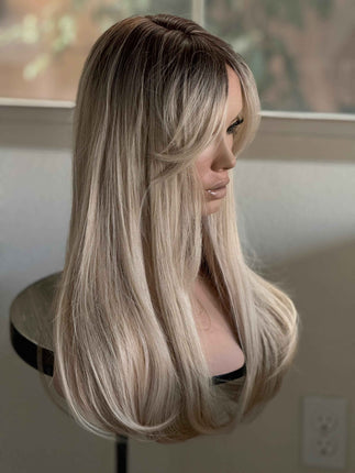 Tillstyle long straight wig with bangs blonde highlighted with dark roots