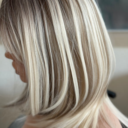 Tillstyle bleach blonde with ombre highlights wig with bangs layered synthetic wig