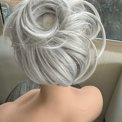 Tillstyle white silver hairbun scrunchie with straight hair bangs tousled updo