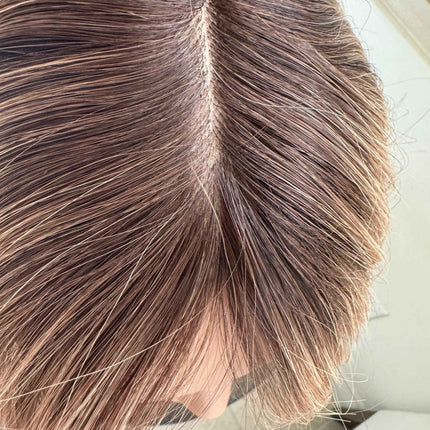 Till style remy human Hair Toppers with bangs brown highlighted
