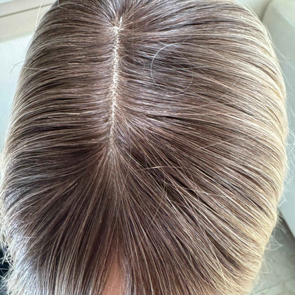 Till style remy human Hair Toppers with bangs bleach blonde/brown roots
