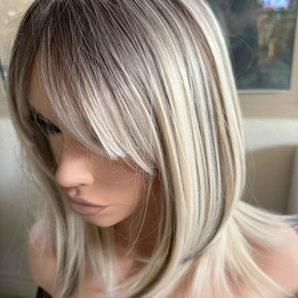 Tillstyle bleach blonde with ombre highlights wig with bangs layered synthetic wig