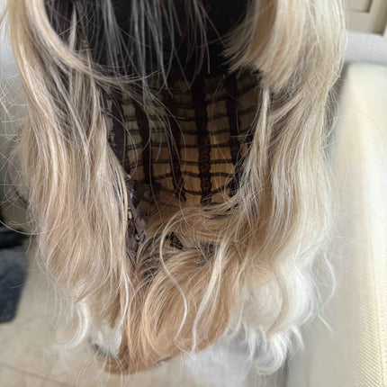 Tillstyle  short blonde wig ash brown roots wig loose body wave air bangs