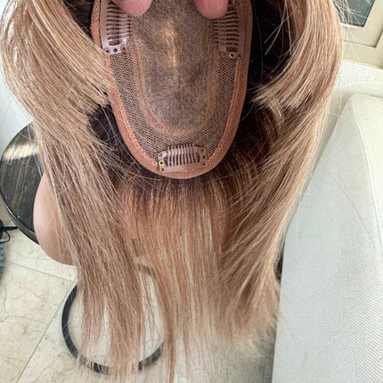 Till style remy human Hair Toppers with bangs brown highlighted