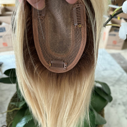 Till style remy human Hair Toppers with bangs blonde ash brown roots