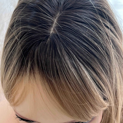 Synthetic hair topper with bangs ombre with dark brown roots clip in