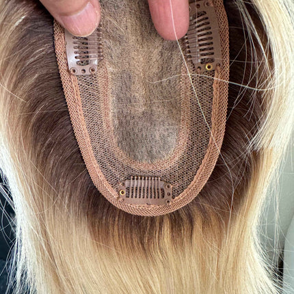 Till style remy human Hair Toppers with bangs blonde/brown roots