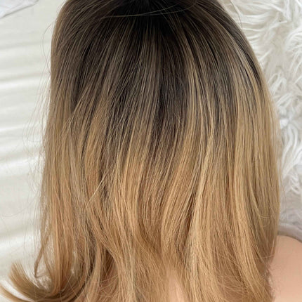 Synthetic hair topper with bangs ombre with dark brown roots clip in