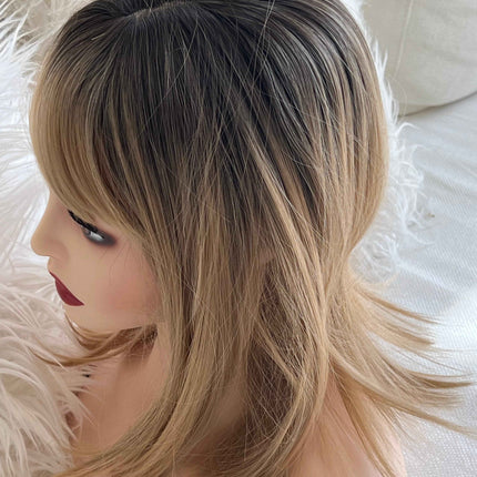 Synthetic hair topper with bangs ombre with dark brown roots clip in