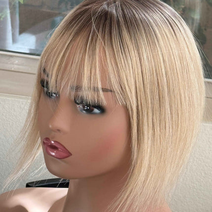 Till style remy human Hair Toppers with bangs blonde/brown roots