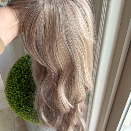 Tillstyle long  body wave wig ash  brown with highlights wig with bangs layered synthetic