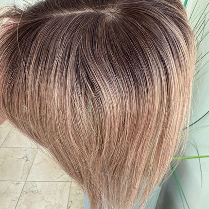 Till style remy human Hair Toppers with bangs ash brown highlighted