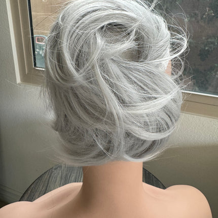 Tillstyle white silver hairbun scrunchie with straight hair bangs tousled updo