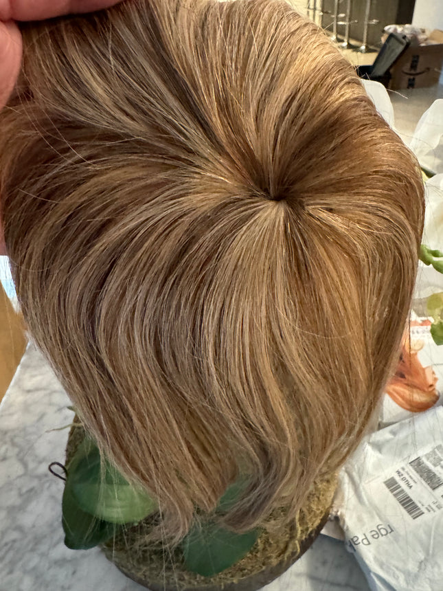Tillstyle top hair piece 100%human hair brown ash blonde highlighted clip in hair toppers for thinning crown