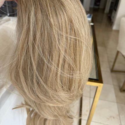 Tillstyle long wavy tied in half wig dirty blonde with ash blonde highlights water wave breathable base
