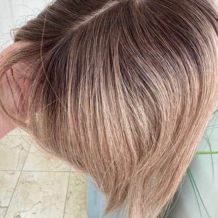 Till style remy human Hair Toppers with bangs ash brown highlighted