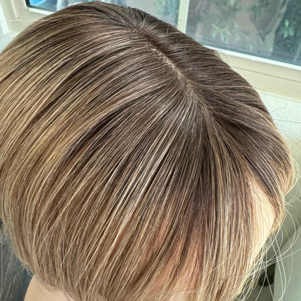 Till style remy human Hair Toppers with bangs brown with dark roots