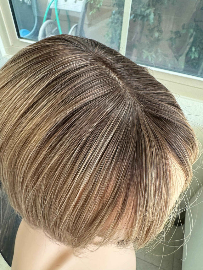 Till style remy human Hair Toppers with bangs brown with dark roots