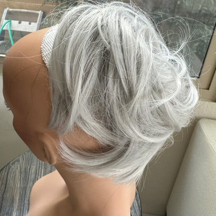 Tillstyle white silver hairbun scrunchie with straight hair bangs tousled updo
