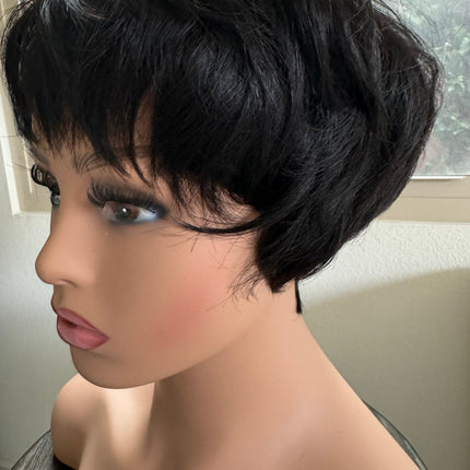Black Short layered pixie wigs for women human hair wigs with bangs glueless